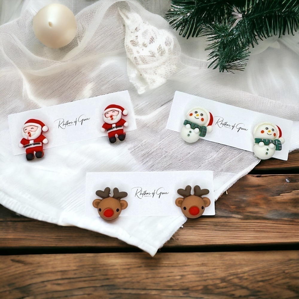 Set of 3 New Christmas Polymer Clay Clip-On Earrings - Santa, Reindeer, Snowman